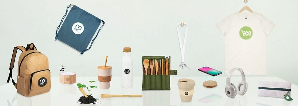 Eco-friendly products displayed: backpack, drawstring bag, utensils, tumbler, bottle, T-shirt, headphones, and more on a light surface.