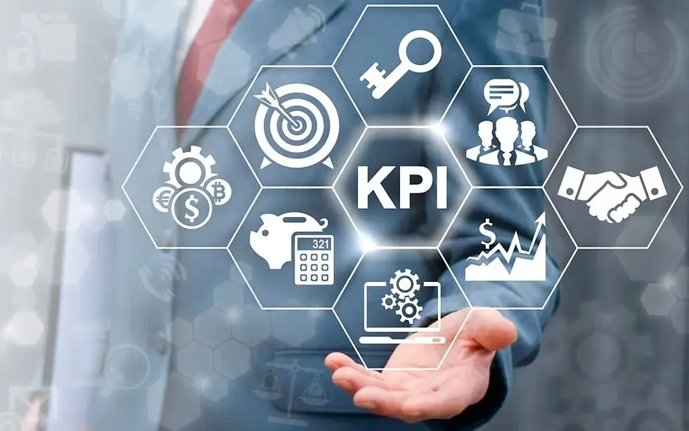 Businessman in a suit holds holographic hexagons with icons and "KPI" text. Icons include a target, key, handshake, and growth chart.