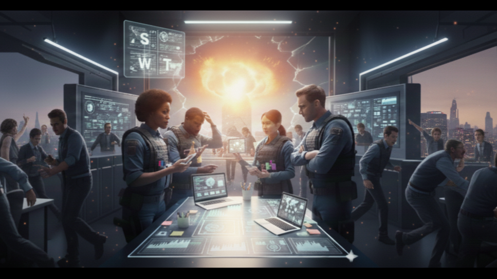 Ein visuelles Konzeptbild im Stil einer Einsatzzentrale: Ein strategisches SWOT-Framework (Strengths, Weaknesses, Opportunities, Threats) wird auf Monitoren wie ein taktischer Einsatzplan dargestellt, um die Verbindung zwischen Team-Strategie und operativer Umsetzung zu verdeutlichen.