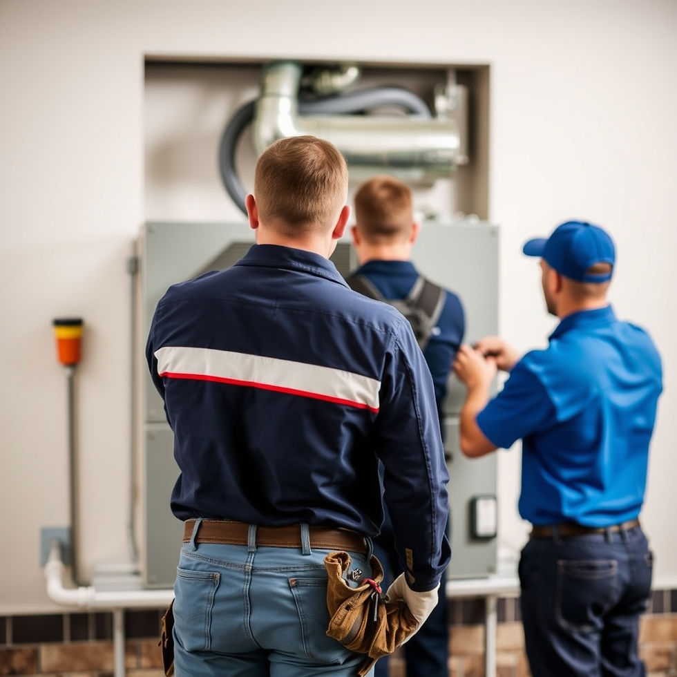 guys working on a residential hvac system from behind with professional uniform on  wearin