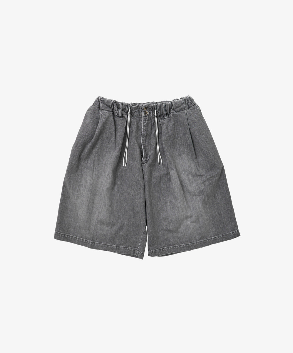Circular Short Pants Black Denim Bleached