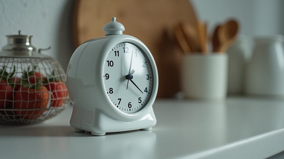 Close-up view of a timer set for 20 minutes on a kitchen counter