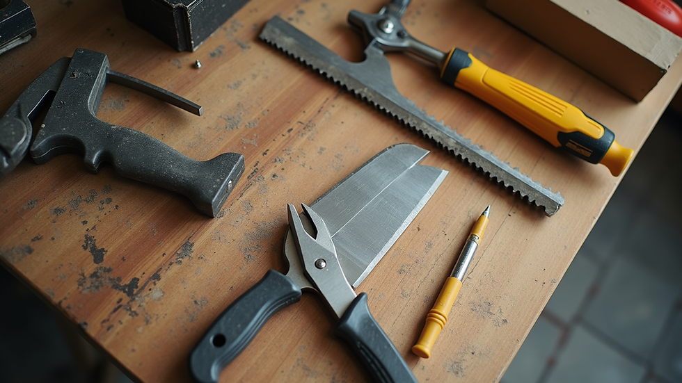 High angle view of construction tools on a wooden table