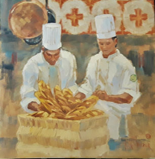 K. Marita Walizer's painting shows chefs selecting crusty baguette loaves from a woven basket at Commander's Palace