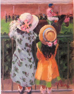 two little girls watch horses in the paddock area at the races