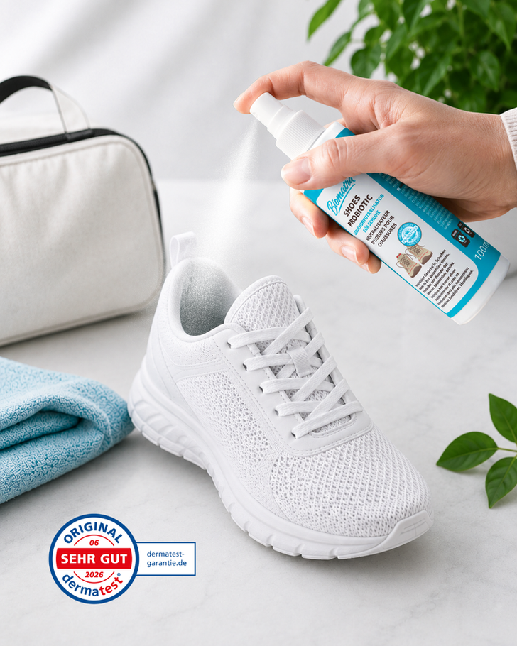 Fresh sports footwear treated with probiotic shoe spray