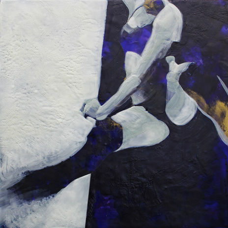 Semi-abstract black, purple and white encaustic artwork of female figure pole dancer on black and white background by Jaya King, Jaya’s Art painting.