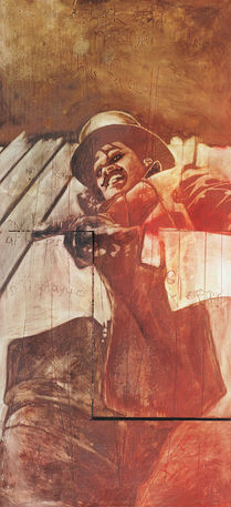 Gouache painting of figure in top hat in red by artist Jaya King, Jaya's Art Sacramento.