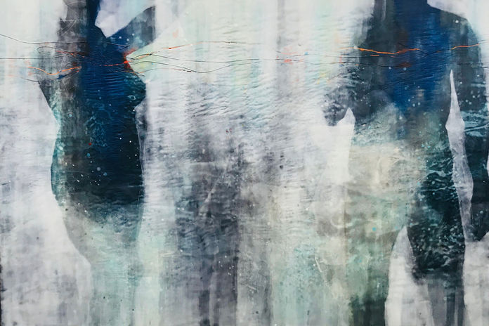 Semi-abstract textured blue, black and white encaustic artwork of two figures by Jaya King, Jaya’s Art painting.