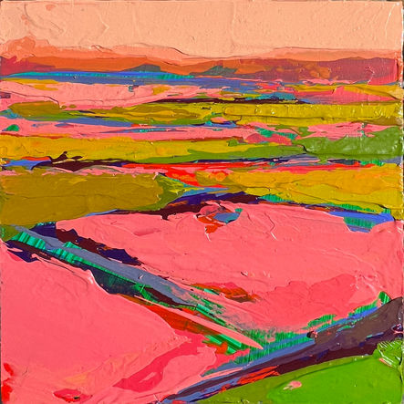 Mini abstract acrylic landscape painting with layered color fields and textured surface by Jaya King
