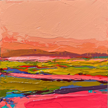Small-scale abstract acrylic landscape painting with expressive texture and bold color by Jaya King