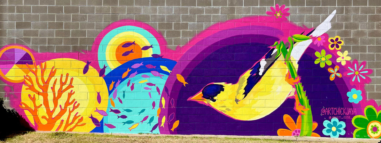 Colorful mural of goldfinch and flowers with purple and pink background.