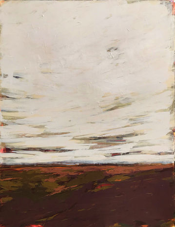 Semi-abstract acrylic artwork of grey sky and brown landscape by Jaya King, Jaya’s Art palette knife painting.