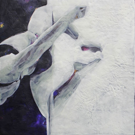 Semi-abstract black, purple and white encaustic artwork of female figure pole dancer on black and white background by Jaya King, Jaya’s Art painting.