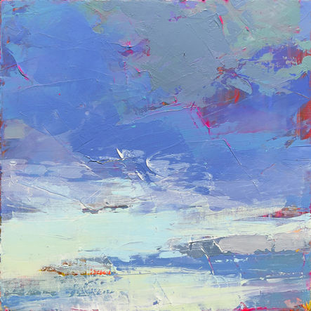 Minimal abstract acrylic painting with soft blue and gray tones and subtle textured surface by Jaya King