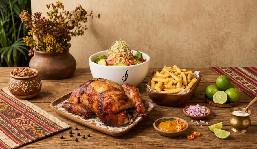 Pollo a la brasa entero con ensalada, papas fritas y salsa peruana