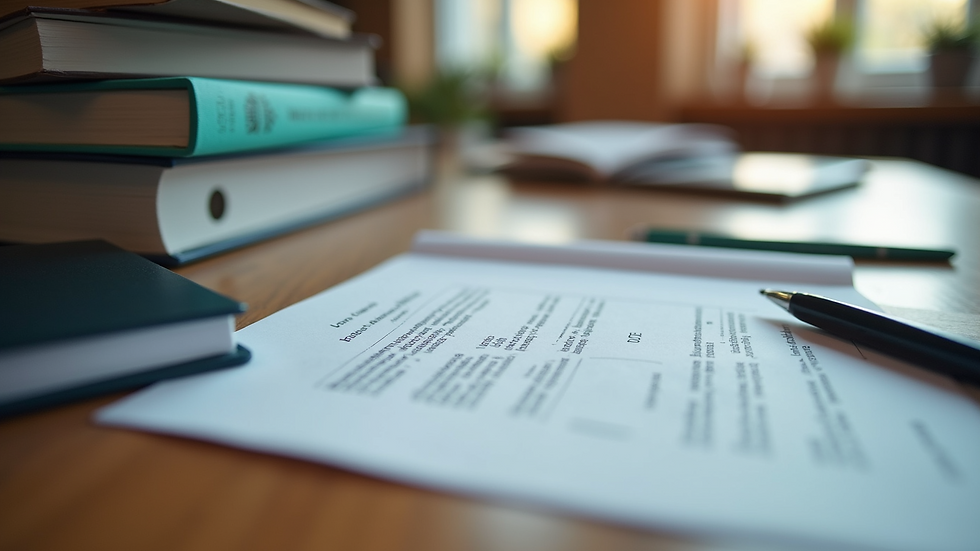 High angle view of a study desk with medical books and notes for certification exam