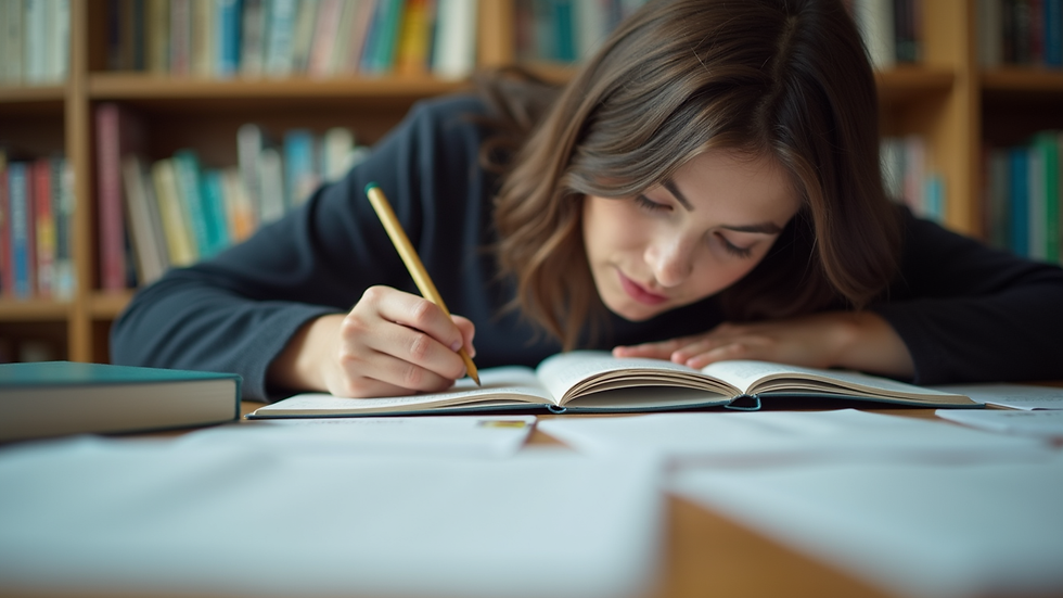 Eye-level view of a student studying with books and notes spread out