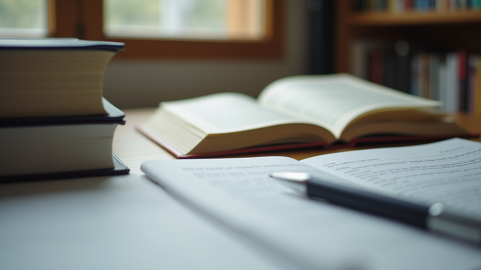 Eye-level view of a study desk with textbooks and notes