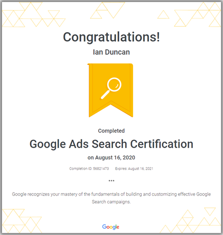 Google Ads Search Certification - Ian Du