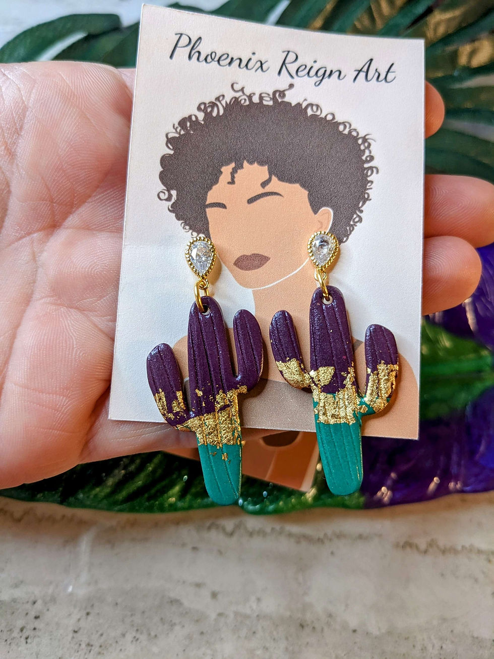 Thumbnail: Purple, Green and Gold Cactus Earrings