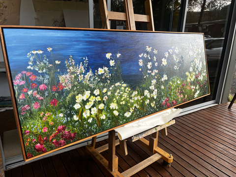 wildflowers rambling cottage garden blue and green cosmos daisies hellebores seaside daisies feverfew deep blue abstract art expressionism art oil painting modern art contemporary art botanical art 