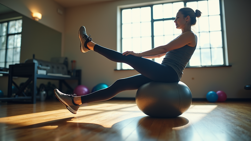 High angle view of an athlete performing balance exercises on a stability ball