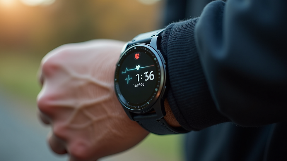 Close-up view of a smartwatch displaying heart rate during training