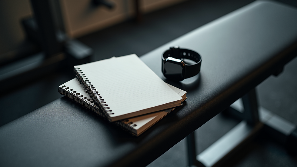 High angle view of a training journal and smartwatch on a gym bench