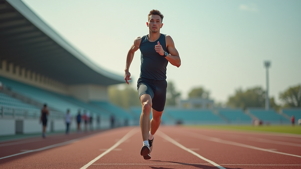Eye-level view of a high-performance athlete running on a track
