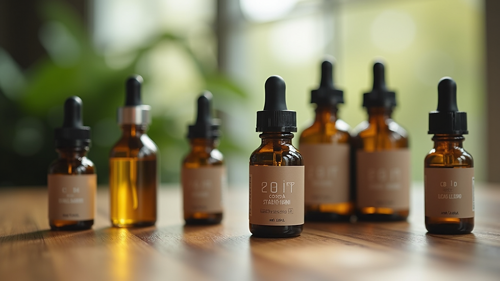 Eye-level view of various CBD products arranged on a wooden table