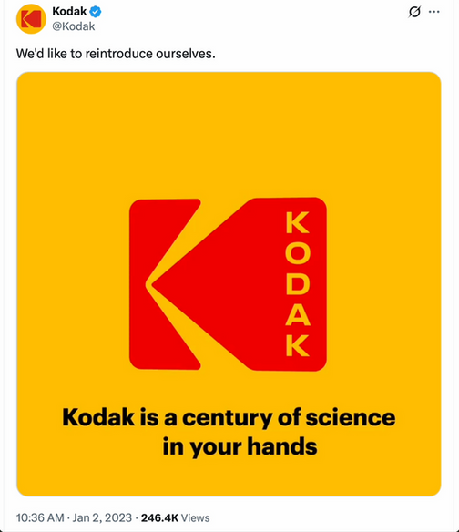 Screenshot of post from @Kodak X (formerly Twitter) reading "We'd like to reintroduce ourselves." Associated video text on-screen reads "Kodak is a century of science in your hands."
