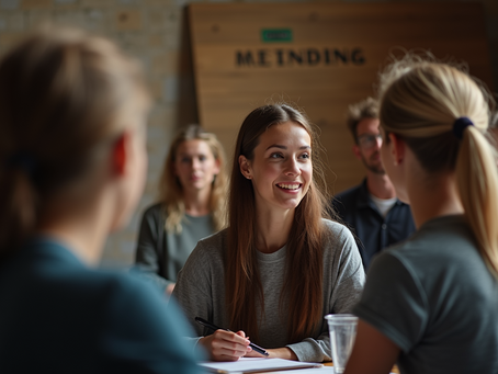 smiling woman talking to others