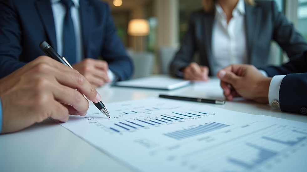 Eye-level view of a business meeting discussing patent documents
