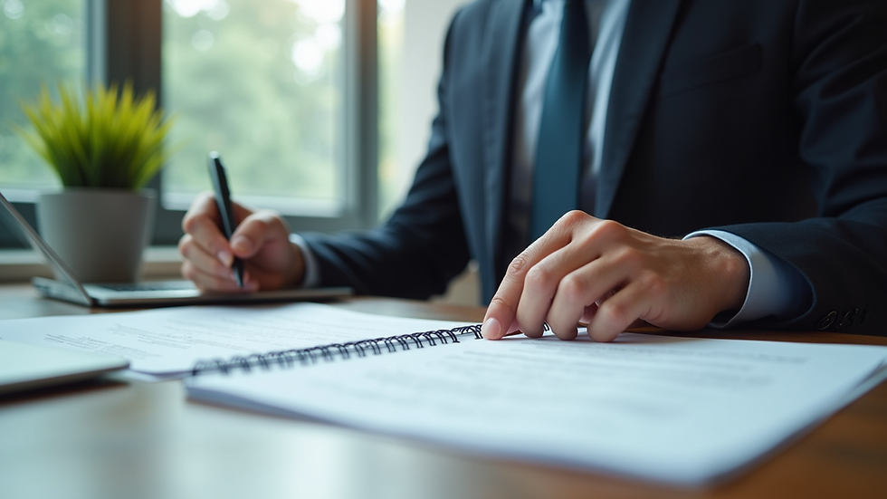 Eye-level view of a professional reviewing legal documents on a desk