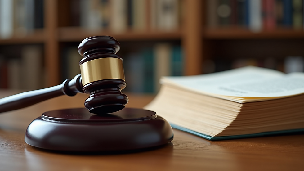 Close-up view of a gavel and legal books on a wooden table
