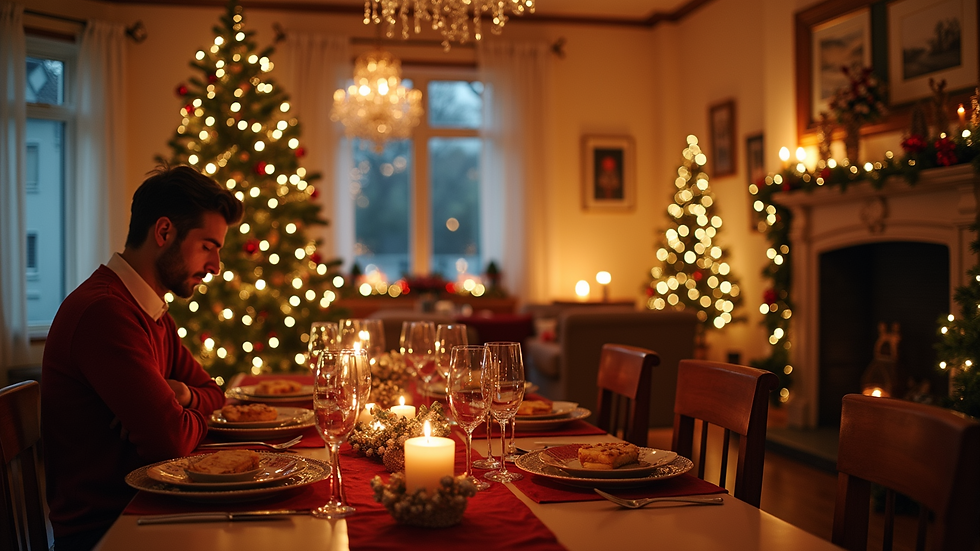 Wide angle view of a festive holiday gathering with decorations all around