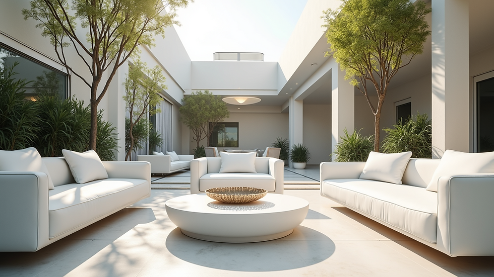 Eye-level view of elegant white lounge furniture set in an outdoor event space