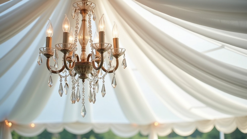 Close-up view of crystal chandelier hanging from a white tent ceiling