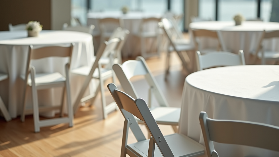Close-up view of neatly arranged white folding chairs and round tables with linens