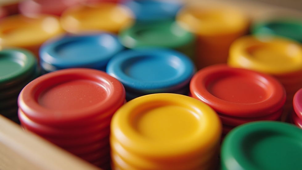 Close-up view of colorful Connect 4 discs stacked in the giant game grid