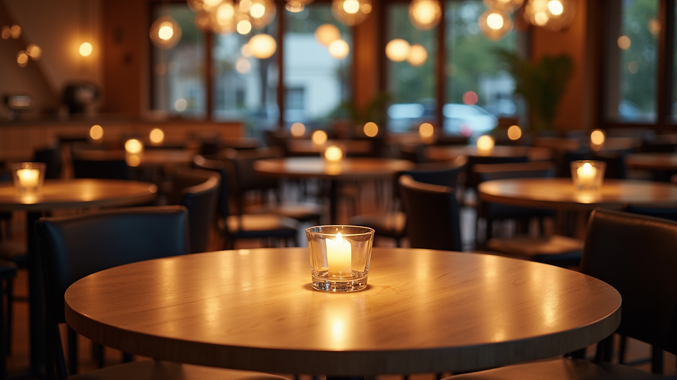 High angle view of cocktail tables and stools arranged for a networking event