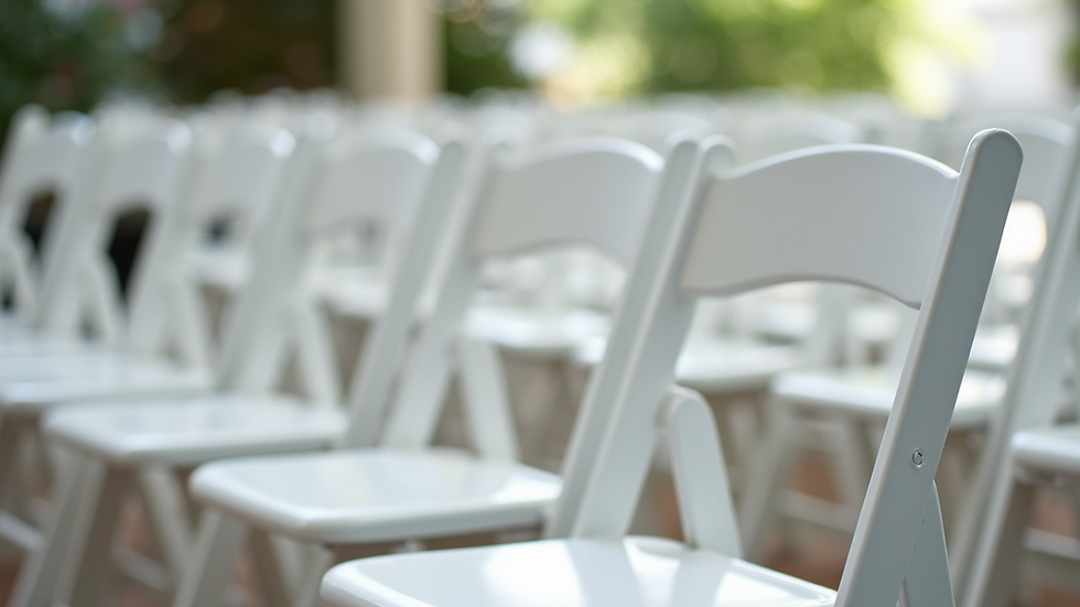 Close-up view of stacked white folding chairs ready for event setup