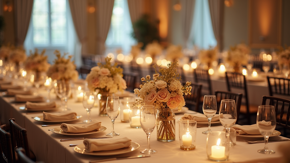 High angle view of decorated event table with rented linens and centerpieces