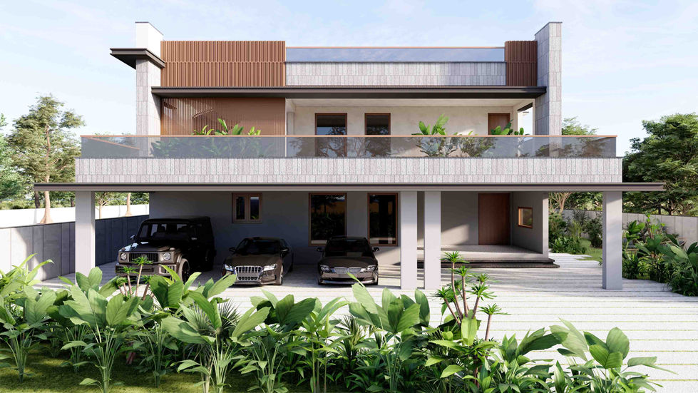 Premium contemporary house front elevation by WAMP Architects with spacious triple car parking, wide glass balcony, landscaped entrance, modern terrace design, and elegant residential architecture.