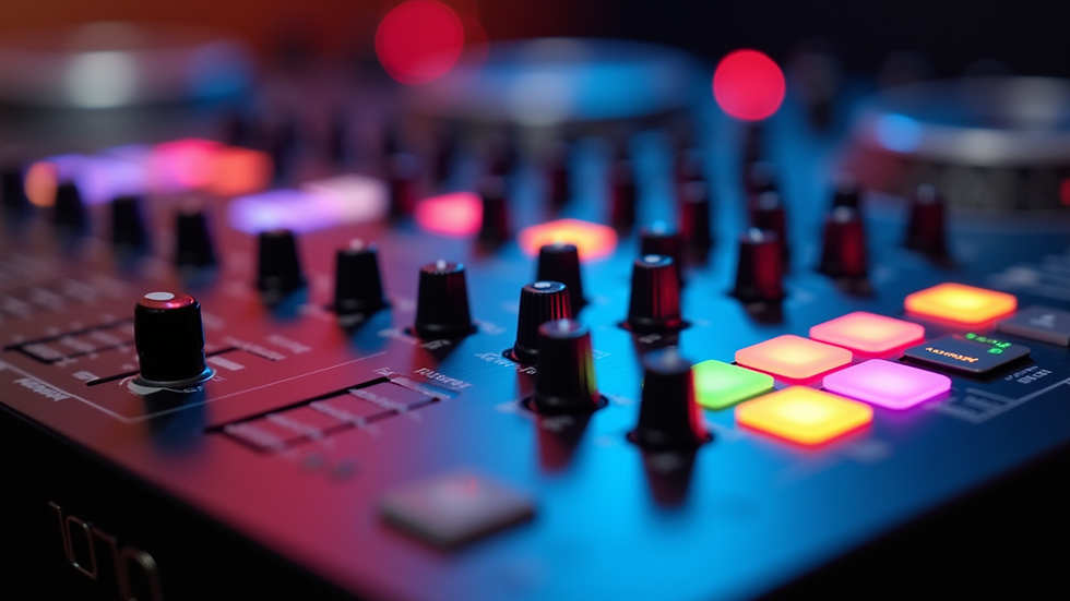 Close-up view of a DJ mixing console with colorful buttons and sliders