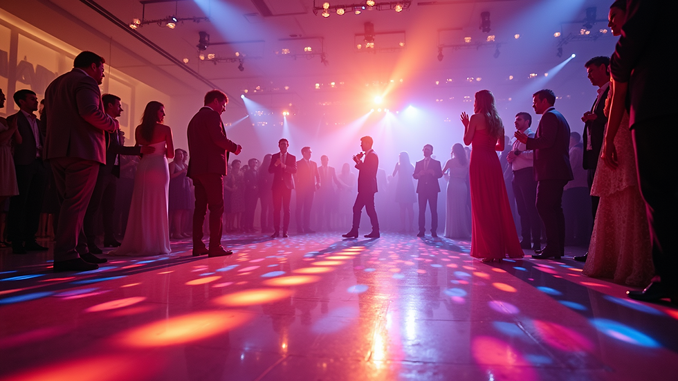 Wide angle view of wedding dance floor with colorful lighting