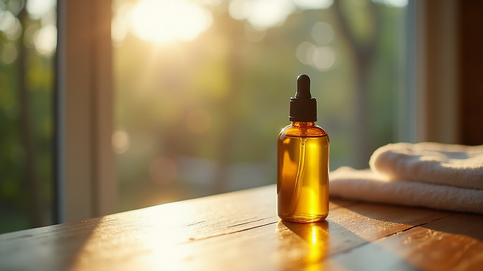 Close-up view of massage oil bottle on wooden table