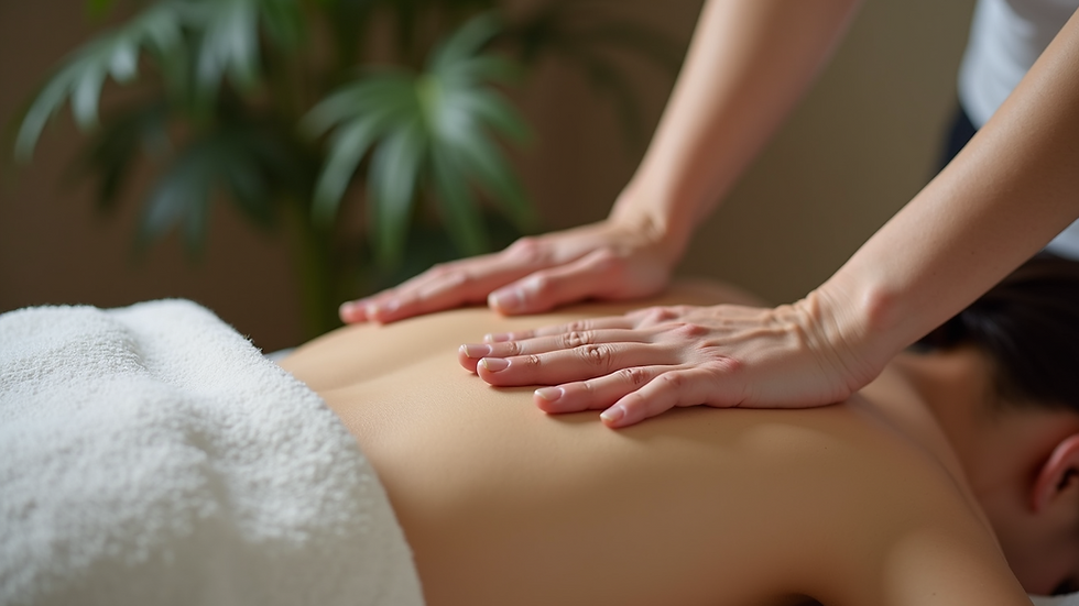 Close-up view of therapist’s hands performing petrissage on a client’s back