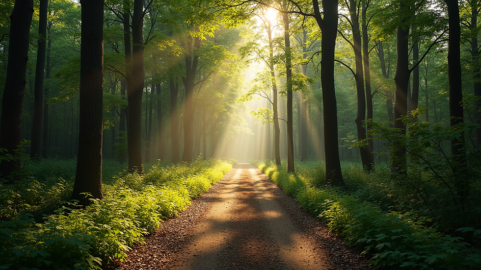 High angle view of a serene forest path with sunlight filtering through the trees
